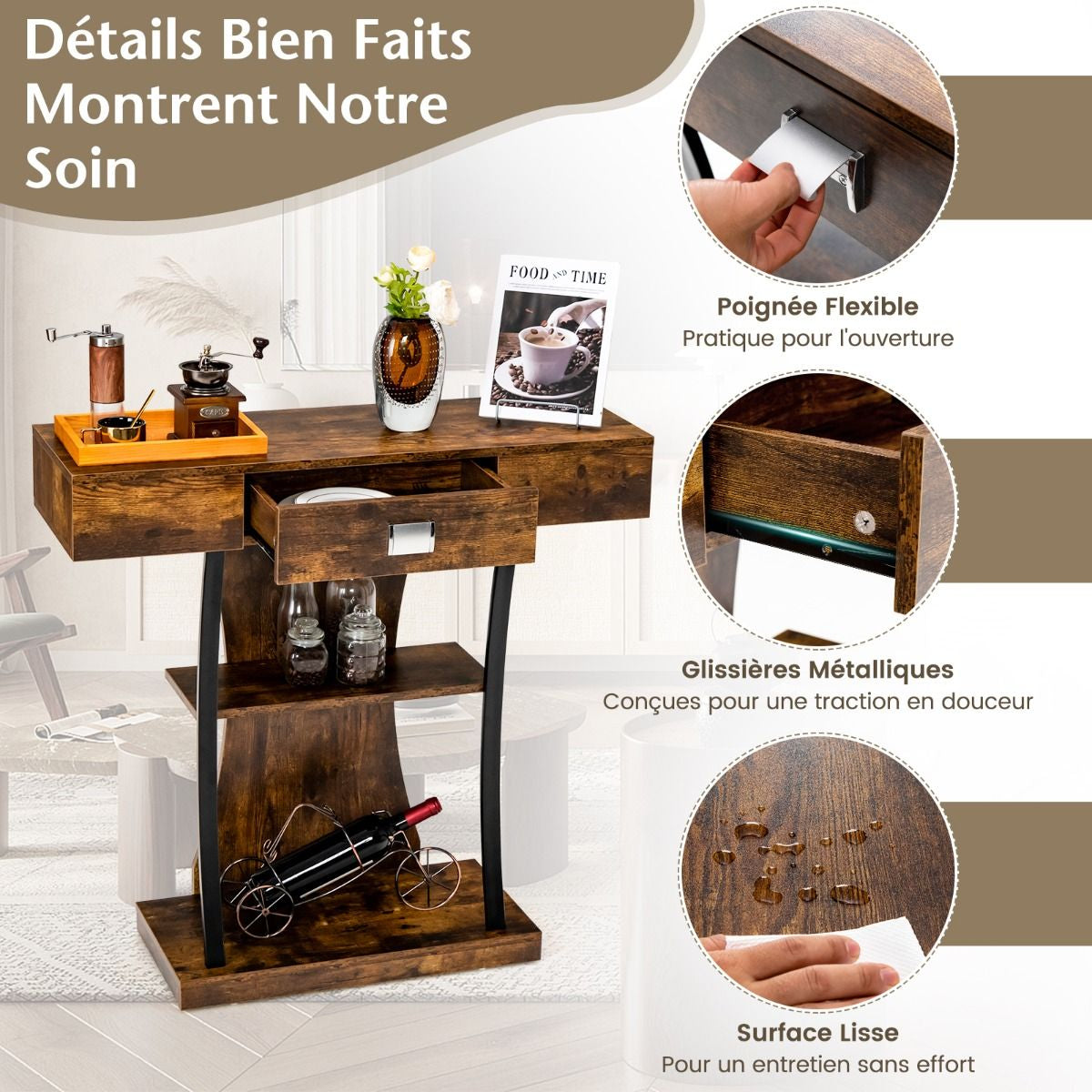 Table Console 3 Étagères Meuble D'Entrée L91 X P30 X H88 Style Scandinave Dispositif Anti-Renversement Brun Rustique/Noir/Gris