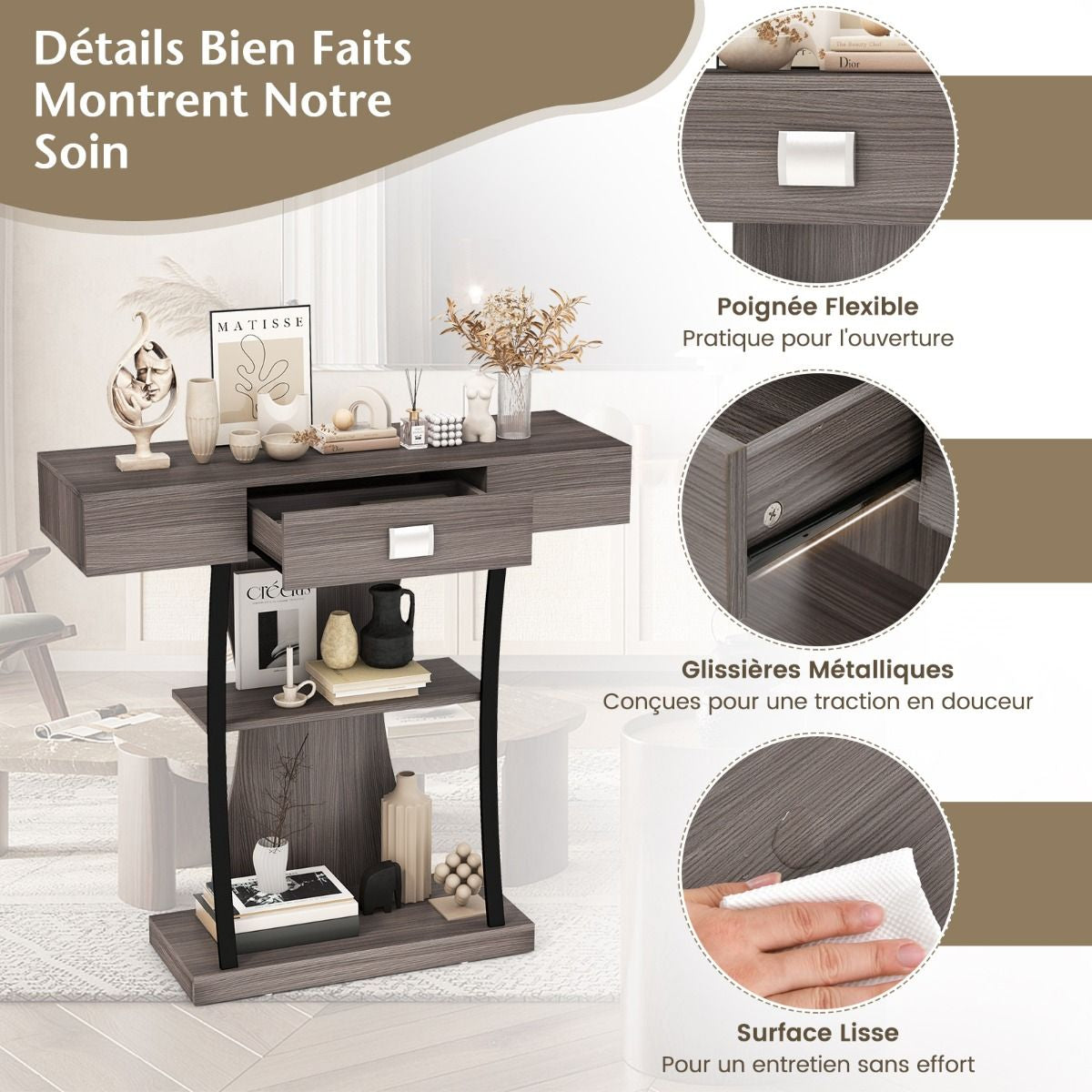 Table Console 3 Étagères Meuble D'Entrée L91 X P30 X H88 Style Scandinave Dispositif Anti-Renversement Brun Rustique/Noir/Gris
