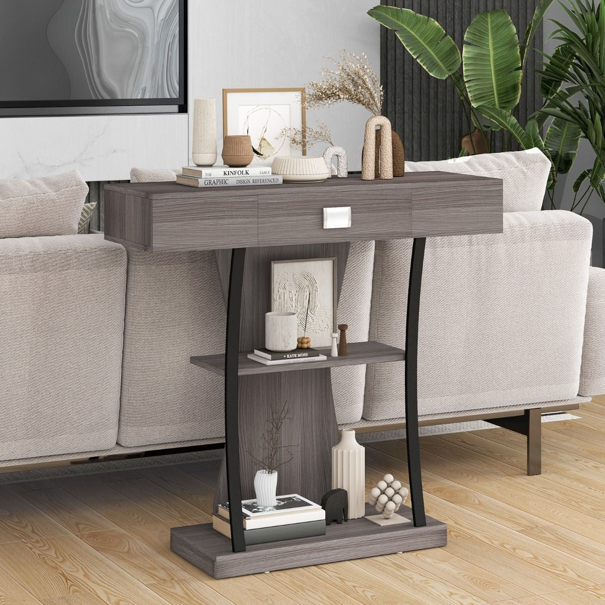Table Console 3 Étagères Meuble D'Entrée L91 X P30 X H88 Style Scandinave Dispositif Anti-Renversement Brun Rustique/Noir/Gris