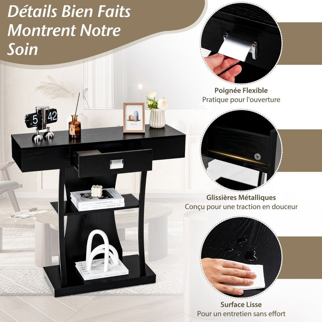Table Console 3 Étagères Meuble D'Entrée L91 X P30 X H88 Style Scandinave Dispositif Anti-Renversement Brun Rustique/Noir/Gris