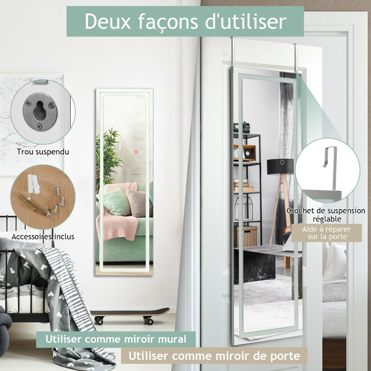 Miroir Mural LED Miroir Pleine Longueur Lumineux À 3 Couleurs Cadre En MDF 120 X 37Cm Blanc