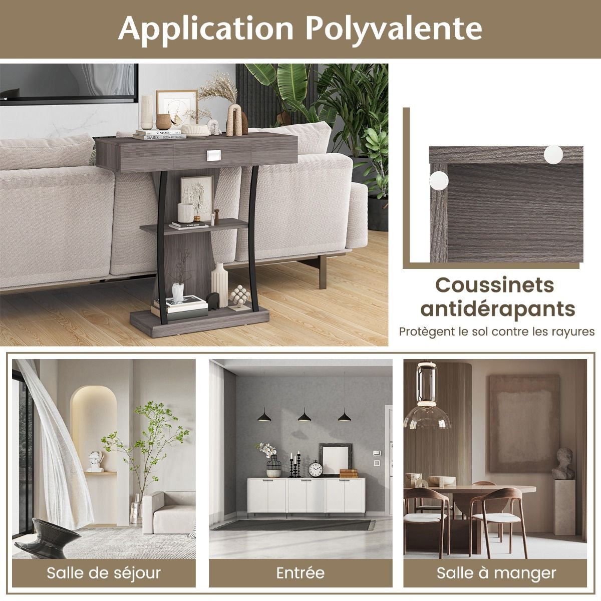 Table Console 3 Étagères Meuble D'Entrée L91 X P30 X H88 Style Scandinave Dispositif Anti-Renversement Brun Rustique/Noir/Gris