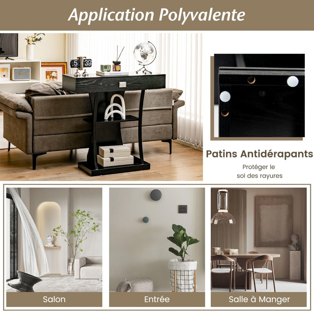 Table Console 3 Étagères Meuble D'Entrée L91 X P30 X H88 Style Scandinave Dispositif Anti-Renversement Brun Rustique/Noir/Gris